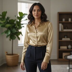 👉 Ruby Karat Gold Satin Button Up Blouse Size Medium, Long Sleeve Metallic Shirt